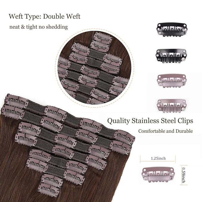 Clip In Human Hair Extensions,120g 8pcs Hair Extensions Double Weft #4 Medium Brown 14Inch Straight Remy Hair