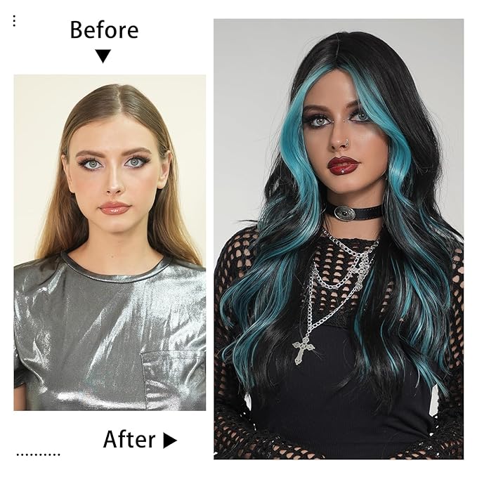 Black Teal Blue Highlight Long Wavy Wig with Curtain bang 26 Inch Ombre Teal Blue Black wig Synthetic Heat Resistant Wig for Women Daily Party used.