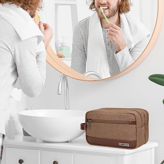 WITZMAN Canvas Toiletry Bag for Men Hanging Dopp Kit Organizer Water-resistant Travel Toiletries bag Men Bathroom Bag with Wet Pocket(A8001 Brown)