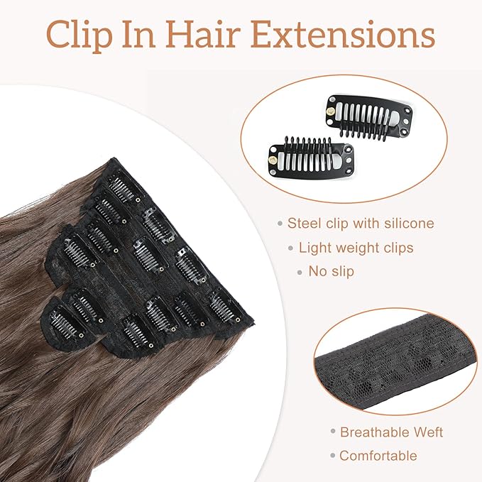 Clip in Hair Extensions for Women - 20 Inch Long Wavy Brown Extensions, 6PCS Chocolate Brown Hairpieces that Blend Naturally with Your Real Hair (20 Inch, Chocolate Brown)