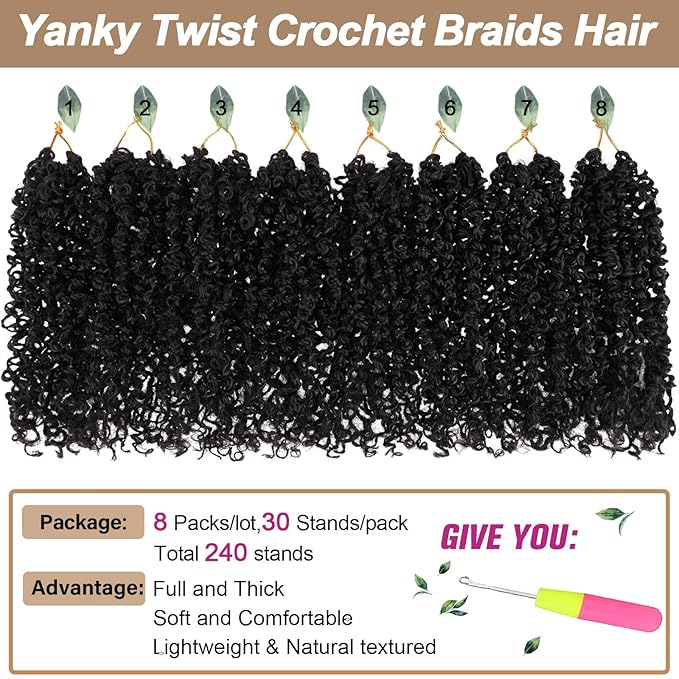 COOKOO 8 Bundles/Lot Bohemian Yanky Twist Crochet Braids Hair 8 Inch Natural Black Pre-Twisted Crochet Passion Twist Hair with Curly Ends Small Curly Twist Crochet Hair for Senegalese Twist Braids 1B#