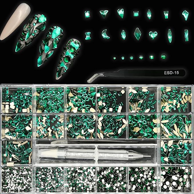 4180 Pcs Crystal Flatback Rhinestones Gems Nail Kit for Nail Art,Crafts,Clothes Shoes Decorations Jewelry (700 Diamonds + 3480 Flat Rhinestones, with Rhinestones Pen), Green