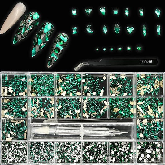 4180 Pcs Crystal Flatback Rhinestones Gems Nail Kit for Nail Art,Crafts,Clothes Shoes Decorations Jewelry (700 Diamonds + 3480 Flat Rhinestones, with Rhinestones Pen), Green