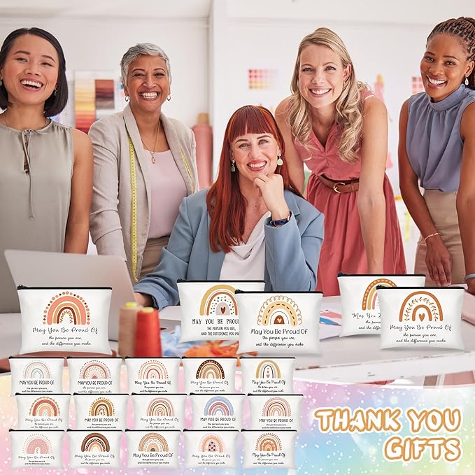 Sweetude 50 Pcs Rainbow Canvas Makeup Bags Inspirational Quotes Canvas Cosmetic Bag with Zipper Canvas Makeup Pouch Thank You Appreciation Gift for Women Teacher Christmas Favors(9.1 x 6.7 Inch)