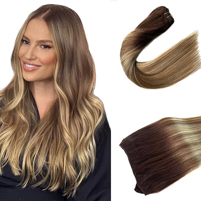 Ubetta Human Hair Extensions Sew in Weft for Women, Ombre Walnut Brown to Ash with Blonde Highlights Real Weave Extensions, 22Inch Straight Remy Bundles 120G, 4.2329 Ounce