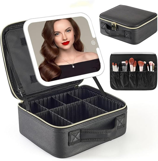 Travel Makeup Bag with Removable Mirror and Light, LED Lighted Make up Train Case, Cosmetic Organizer with PU Leather, 3 Colors Dimming Light, Adjustable Dividers & Brush Storage Board, Gift for Women