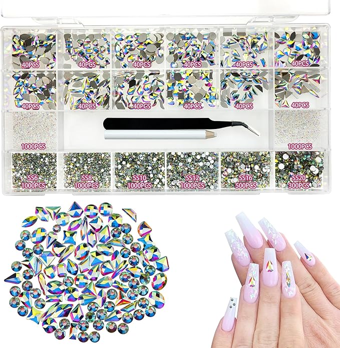 8280 Pcs AB Nail Rhinestones Crystals Multi Shapes Sizes AB Flatback Nail Glass Gems Diamonds for Nail Art Manicure DIY Crafts Jewelry Accessories