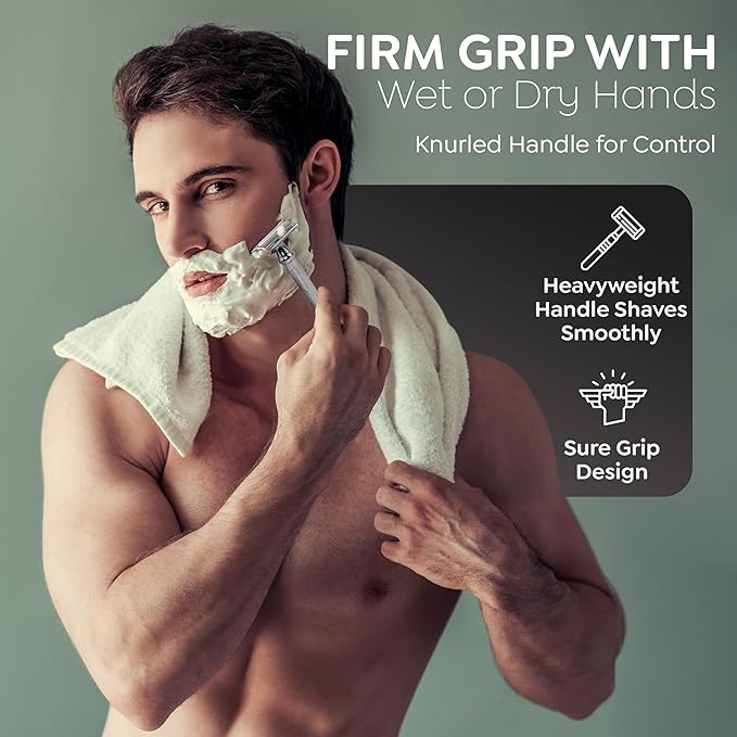 Parker 99R Chrome Long Handle Heavyweight Butterfly Open Double Edge Safety Razor for Men, 5 Parker Premium Platinum Double Edge Razor Blades Included