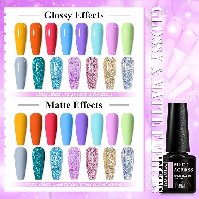 MEET ACROSS Red Blue Gel Nail Polish Set 18Pcs Glitter Gel Polish Kit 15 Colors Pink Orange Purple Collection Set Professionail Gel Manicure Kit Gift for Women