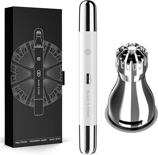 Blade & Stone™ NS501M Nose & Ear Trimmer | Graphene-X™ Blade | High-Velocity, Low-Noise Motor | Patented Rotary Blade Design | Skin-Friendly, Tug-Free Performance, Detachable Head (Snow/Silver)
