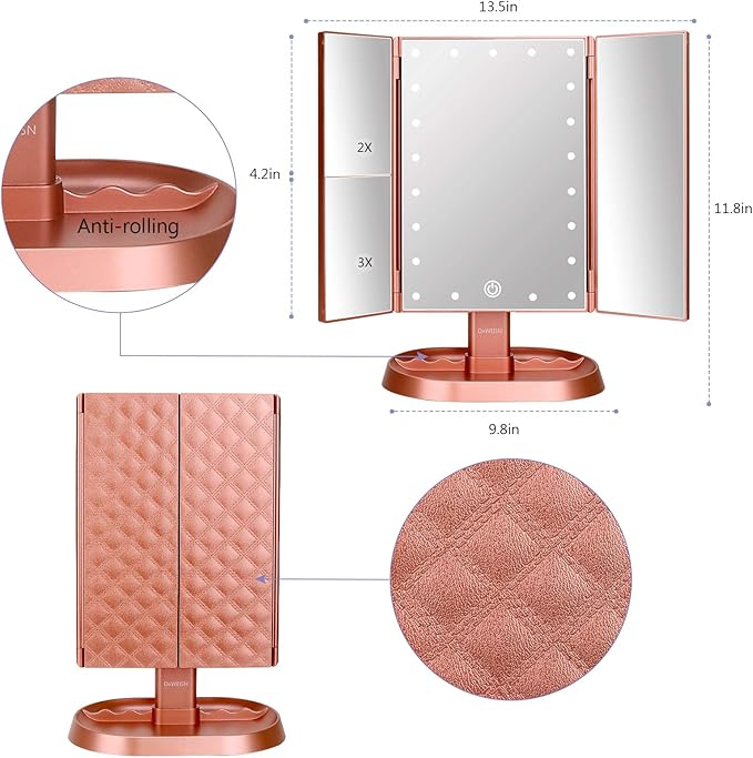deweisn Trifold Lighted Vanity Makeup Mirror with 21 LEDs Lights,1x/2x/3x Magnification and Touch Screen Dimming,Two Power Supplies Makeup Mirror, Gift for Women