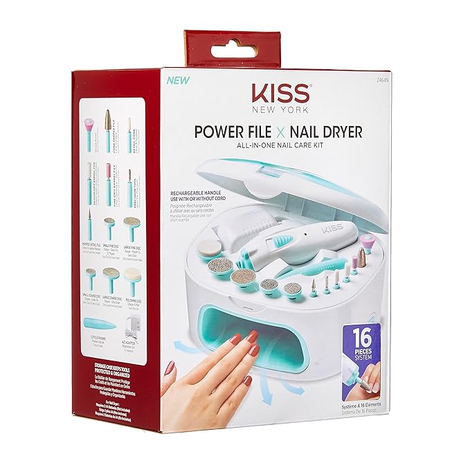 KISS New York Power File X Nail Dryer, Electric Nail File & Nail Dryer System, Includes 12 Attachments, Rechargeable Handle, Cuticle Pusher, A/C Adapter, & Storage Case