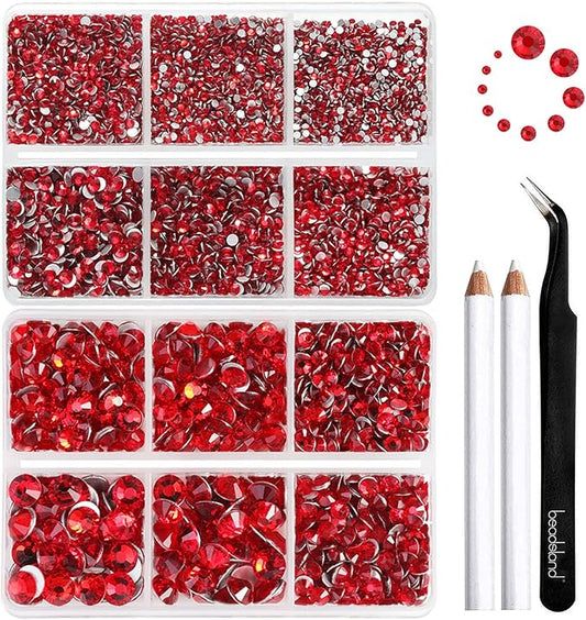 Beadsland 8300PCS Flatback Rhinestones, Light Red Rhinestone Round Crystal Rhinestones for Crafts, Mixed 10 Sizes with Wax Pencil and Tweezer Kit, SS3-SS30, Light Siam