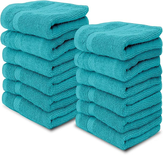 White Classic Luxury Cotton Washcloths - Face Towel Set | 12 Pack | Aqua