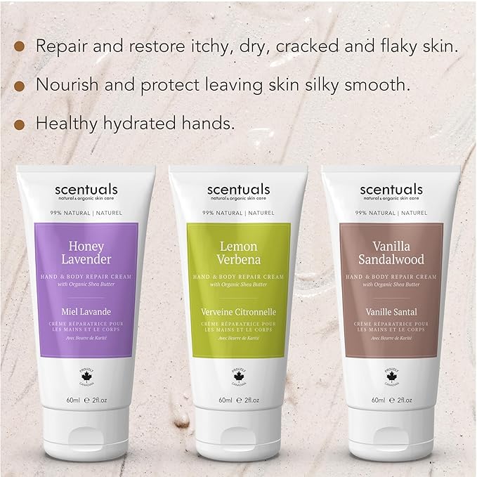 Hand Cream Set of 3, with Shea Butter, Cocoa Butter, Argan & Almond oil, Moisturizing Dry Hands, (Lemon Verbena, Honey Lavender, Vanilla Sandalwood) 60 ml (2 fl.oz. x 3)