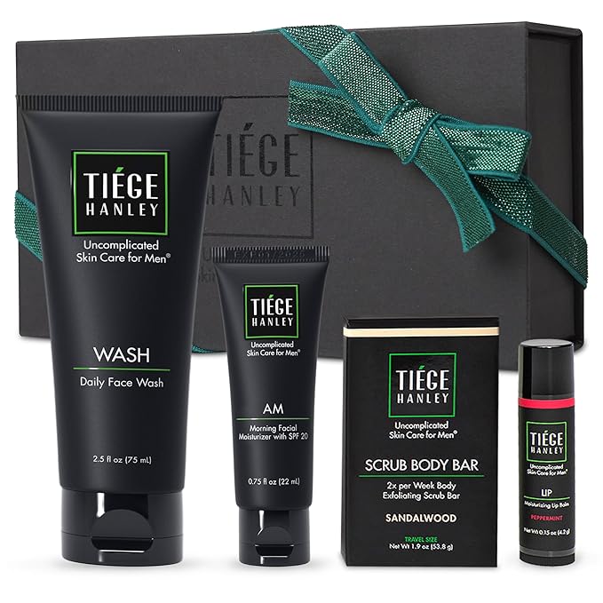 Tiege Hanley Mens Skin Care Gift Box Set, Bronze - Men's Skincare Set Includes Face Wash, Facial Moisturizer with SPF 20 Sunscreen, Body Exfoliating Scrub Bar, & Moisturizing Lip Balm
