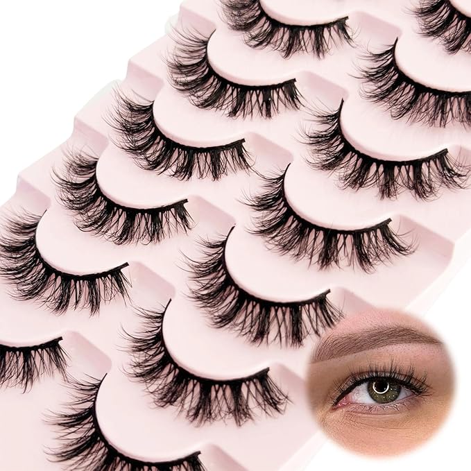 Short Lashes Natural Look Mink Lashes Fluffy Wispy Lashes Strips Russian D Curl NINGLASH False Eyelashes Cat Eye Lash that Look Like Extensions Fake Eyelash 14mm Faux 3D 7 Pairs Lash Pack