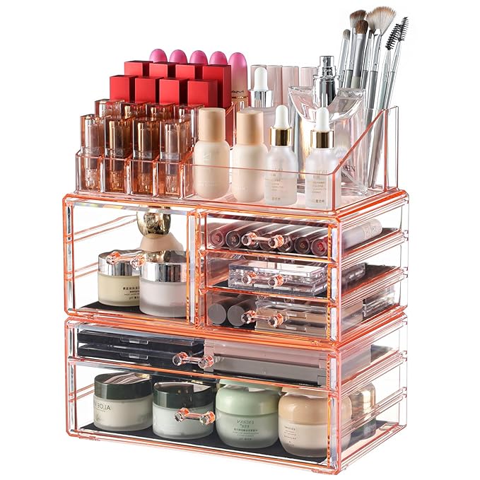 Cq acrylic 3 Pack Women and Mens Bathroom Organizer With Stackable 6 Drawers,Large Bathroom Makeup Organizer Countertop and Storage for Vanity, Great for Cosmetics, Skin Care, Lipsticks,Nail Care,Pink