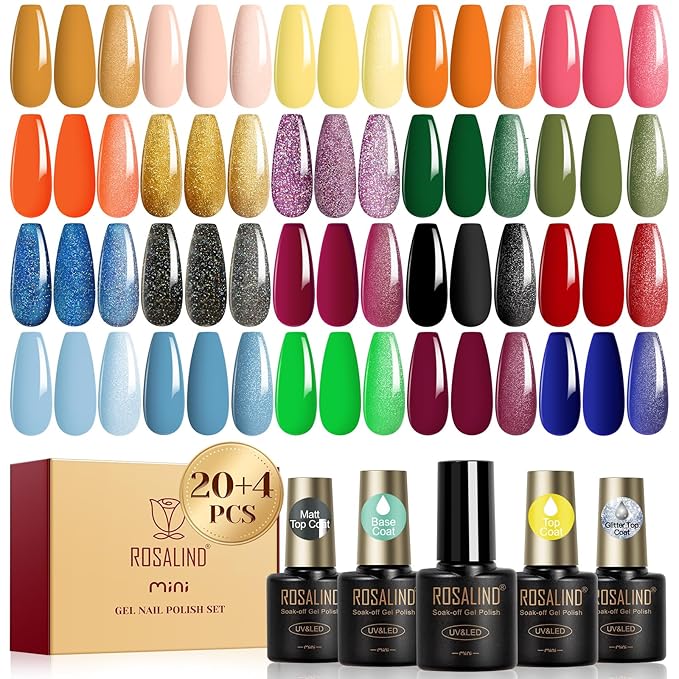ROSALIND 24pcs Gel Polish Set with 4 Bottles of Base and Glossy Matte Glitter Top Coat Yellow Purple Blue Gel Nail Polish Set Bright Colors Gel Nail Set for Women