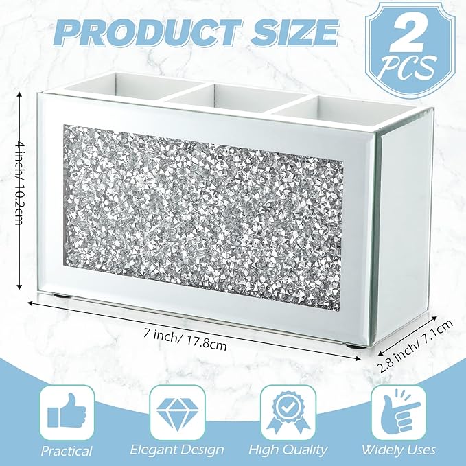 Tanlade 2 Pcs Mirrored Makeup Brush Holder Remote Holder, Mirrored Makeup Organizer with Crushed Diamond Crystals, Vanity Cosmetics Organizer Solution, Pencil Holder Organizer for Desk (3 Compartment)