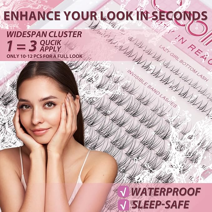 Venus Lash Clusters 8-16mm with 5-6mm Bottom Lashes Natural Eyelash Clusters D Curl -WideSpan DIY Eyelash Extension Individual Fake Eyelashes Clusters with 0.05mm Ultra-Thin Invisible Lash Band