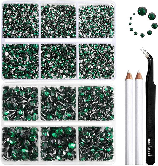 Beadsland 8300PCS Flatback Rhinestones, Green Rhinestone Round Crystal Rhinestones for Crafts, Mixed 10 Sizes with Wax Pencil and Tweezer Kit, SS3-SS30, Emerald