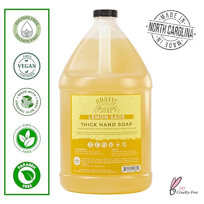 Adams Handmade Soap Thick Organic Castile Liquid Hand Soap 1 Gallon Refill - Lemon Sage (Pack of 4)