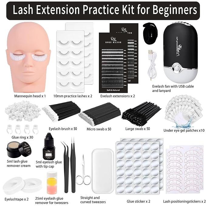 Lash Eyelash Extension Kit, Lash Kit for Eyelash Extension Beginners, with Mannequin Head, Individual Lash Glue, Eyelash Remover, Fan, Lash Extension Supplies Tools for Practice Training
