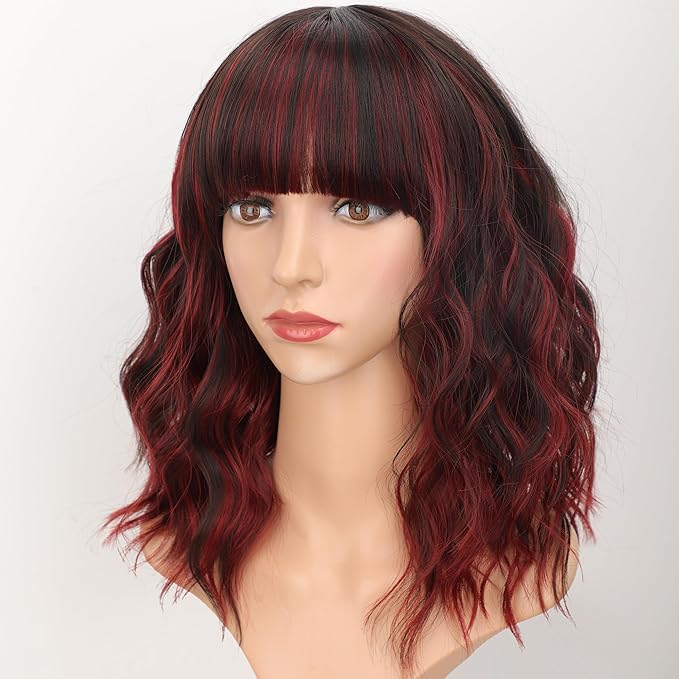 AISI HAIR Synthetic Wavy Curly Bob Wig with Bangs Brown Mix Wine Red Short Hair for Women Synthetic Heat Resistant Bob Wigs