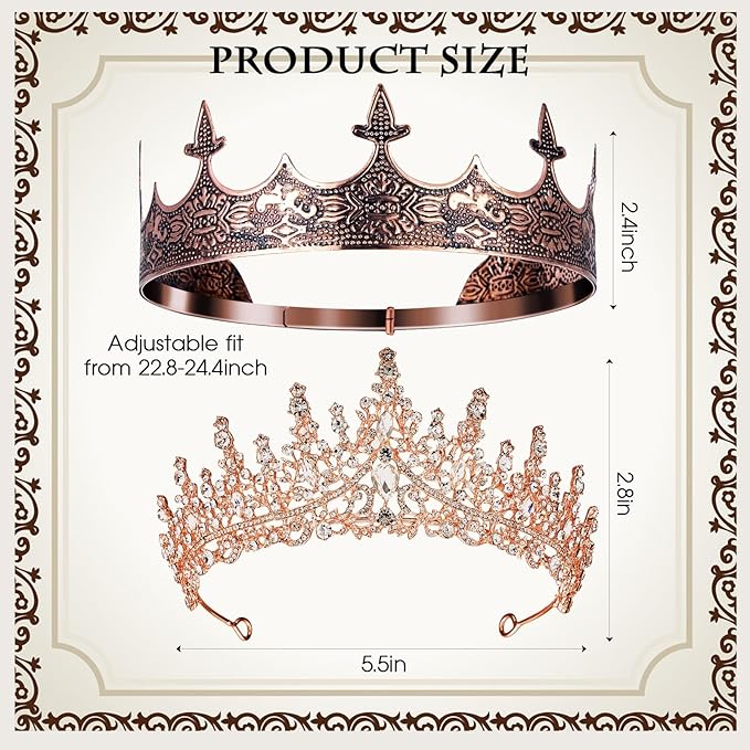 Sureio 2 Pcs Antique Royal King Crown for Men Baroque Queen Crown for 2025 Graduation Prom Party Crystal Tiara Prom Cosplay Birthday Wedding Hair Headband Accessories(Novel Style)