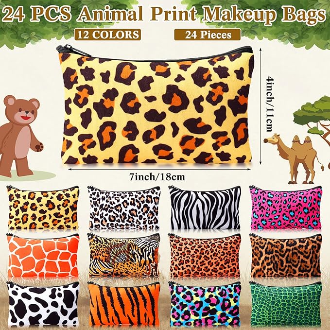 24 Pieces Makeup Bags Bulk Canvas Cosmetic Bags Purse Organizer Zipper Cosmetic Pouch Portable Travel Toiletry Pouch for Women Men Gifts, 7 x 4 Inch (Leopard Print)