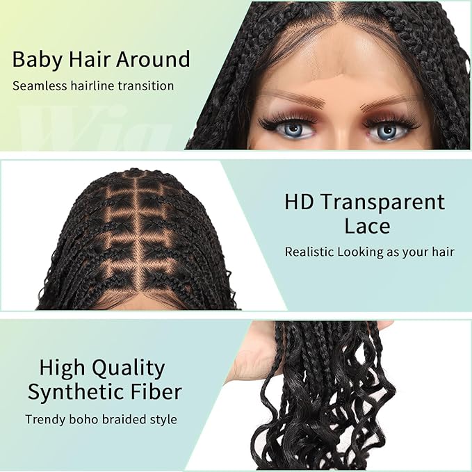 13x8 Inch HD Lace Front Boho Knotless braided Wigs For Women 36" Braided Wig With Baby Hair Braid Lace Front Wig Human Hair Blended Bohemian Braiding Wig