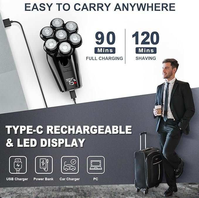 Hexus Head Shavers for Bald Men, Detachable Head Shaver Dry/Wet Bald Head Shaving for Men, IPX7 Waterproof Electric Razor Grooming Kit with LED Display and Type-C Charge, Light Black