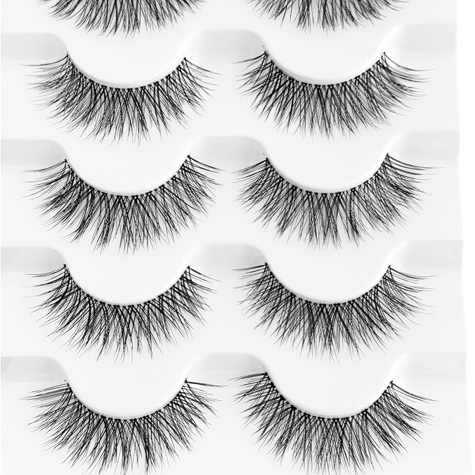 Wispy Lashes Natural Look Cat Eye Lash NINGLASH False Eyelashes Clear Band Fake Eyelash 14mm Faux Lashes Strips 5 Pairs Lash Pack