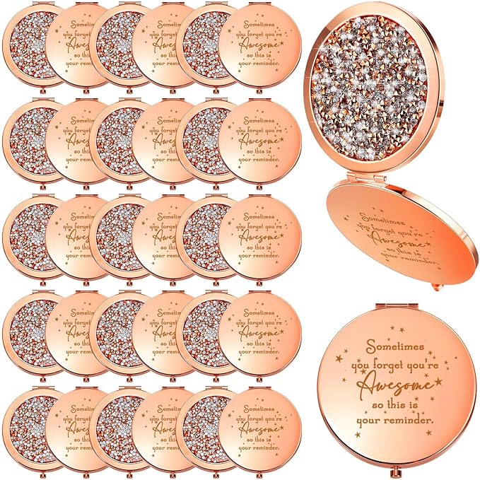 Roowest 30 Pcs Inspirational Compact Mirror Sometimes You Forget You're Awesome Appreciation Gifts for Women Mother's Day Party Favors Magnifying Pocket Mirror (Rose Gold)