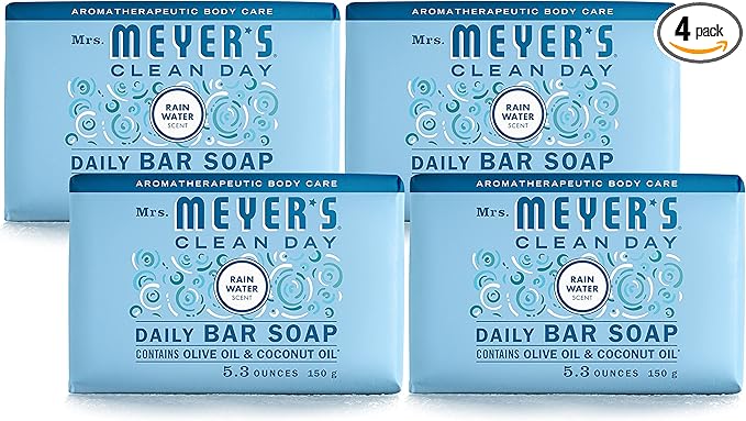 MRS. MEYER'S CLEAN DAY Bar Soap, Use as Body Wash or Hand Soap, Made with Essential Oils, Rain Water, 5.3 oz, 4 Bars