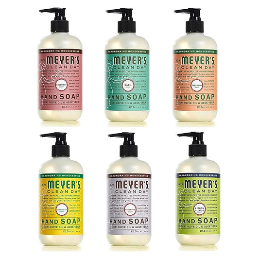 MRS. MEYER'S CLEAN DAY Hand Soap Scent Variety Pack Includes 1 of Each, Rosemary + Basil + Geranium + Honeysuckle + Lavender + Lemon Verbena, (Count of 6)