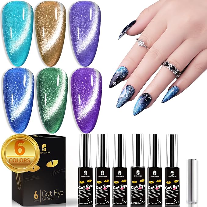 Clara Colors Cat Eye Gel Nail Polish Set, 6 Colors Autumn Romantic Galaxy Series Magnetic Nail Polish Holographic Glitter Cat Eye Gel Polish Kit with Magnet Long Lasting Soak Off UV LED