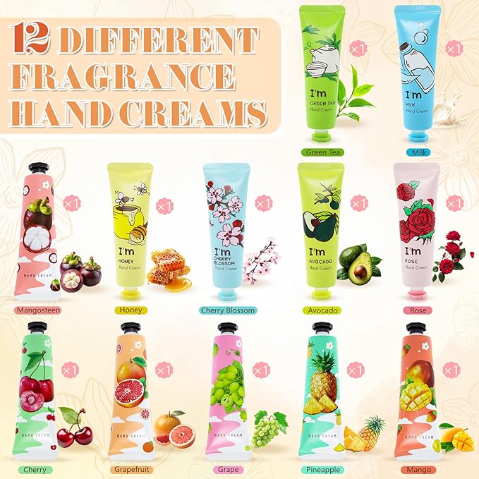 12 Pack Hand Cream for Women, Mini Hand Lotion Travel Size for Dry Cracked Care, Moisturizer Gifts Set for Mother, Girl, Teacher Appreciation and Bridesmaid Present