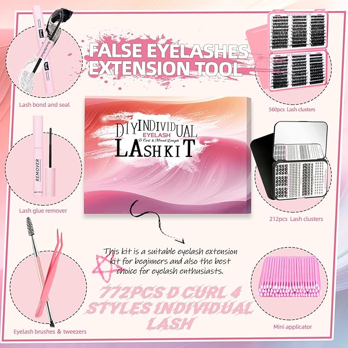 DIY Fluffy Lash Extension Kit 772Pcs D Curl 4 styles Individual Lash with Bottom Lash Clusters Lash Bond and Seal,Quick Glue Remover Tweezers Eyelash Brush Mini Applicator (LASH003)
