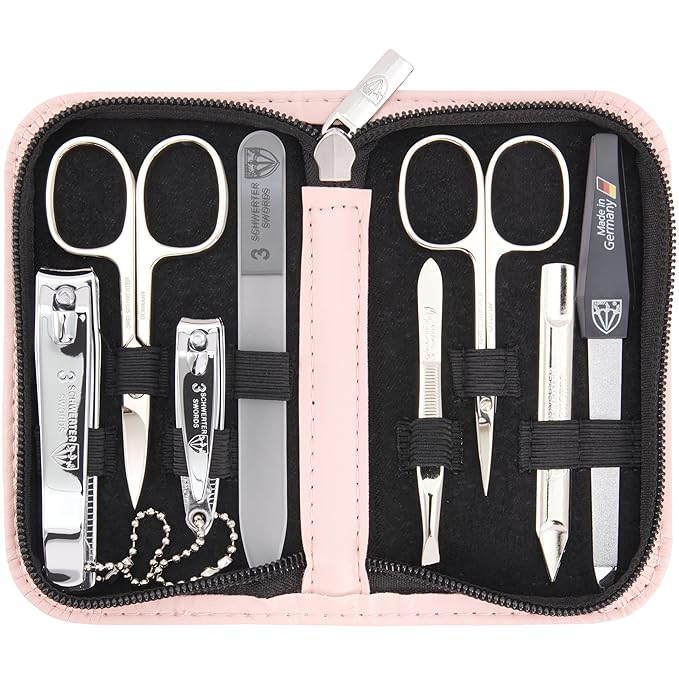 3 Swords Germany - brand quality 8 piece manicure pedicure grooming kit set synthetic leather case light pink - Made in Germany