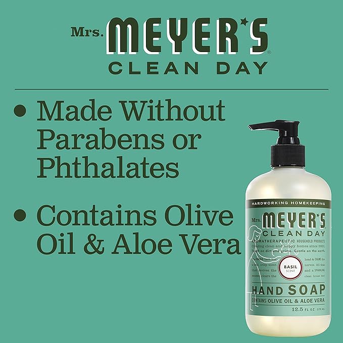 MRS. MEYER'S CLEAN DAY Liquid Hand Soap, Cruelty Free and Biodegradable Hand Wash Made with Essential Oils, Basil Scent, 12.5 oz - Pack of 6