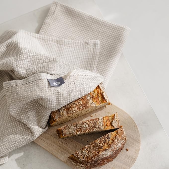 Linen Kitchen Towels - Waffle Towels 16x28-inch - Linen Hand Towels for Bathroom - Set of 2 Dish Towel White-Natural Lightweight Stonewashed Quick-Dry