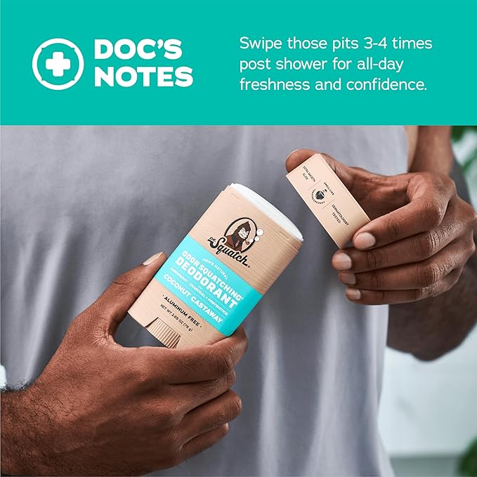 Dr. Squatch Natural Deodorant for Men - Odor-Squatching Aluminum Free - Coconut Castaway (2.65 oz, 3-Pack)