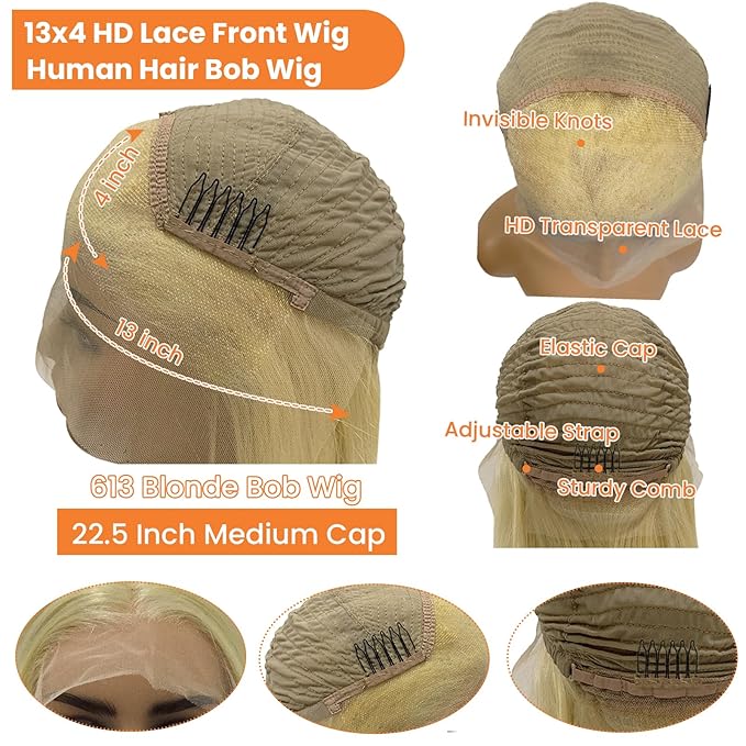 13x4 HD Transparent Lace Front Bob Wig, Human Hair, 180% Density, Straight Blonde, Pre-Plucked, 16 Inch Deep Part, Glueless