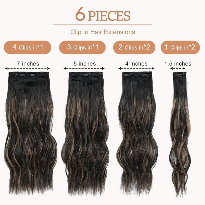 Clip in Hair Extensions for Women - 20 Inch Long Wavy Brown Extensions, 6PCS Hairpieces that Blend Naturally with Your Real Hair (20 Inch, Ombre Natural Black to Chestnut Brown Highlights)