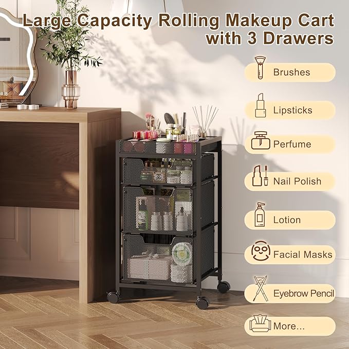 JKsmart Rolling Makeup Cart Organizer with 3 Drawers, Cosmetics Display with Dividers, Floor Skincare Storage with Wheels, Versatile Vanity Organizer for Nail Polish Perfume Brush Hair Tool, Black