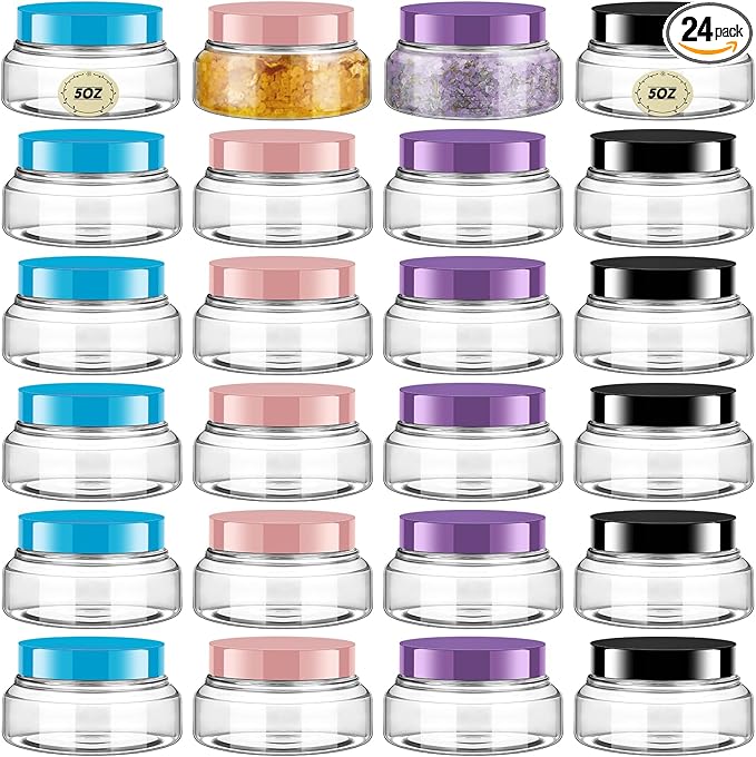 Tessco 24 Pack Plastic Jars with Lids Labels Empty Clear Plastic Jars Round Refillable Cosmetic Containers Body Butter Containers Bulk Sugar Scrub Bottle for Make Up(5 oz,Multicolor)