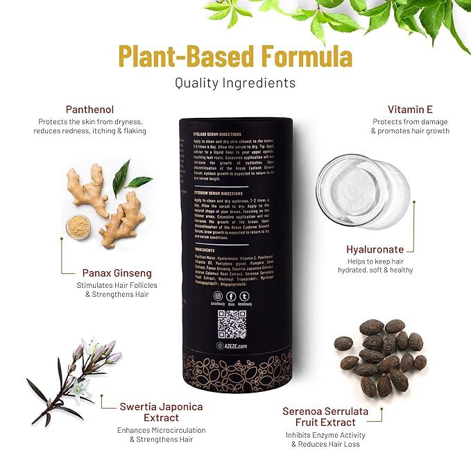 Azeze Eyelash and Eyebrow Growth Serum Set - Oil-Free, Hormone-Free Brow and Lash Serum for Eyelash & Eyebrow Growth and Thickness