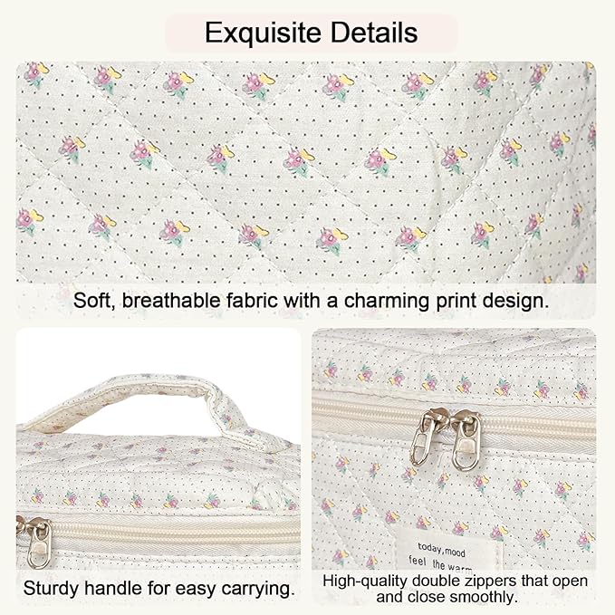 3Pcs Cotton Quilted Makeup Bag for Women Girls, Large Floral Cosmetic Bag Set Cute Makeup Brushes Aesthetic Accessories Storage Bag Little Flower Travel Toiletry Bag Organizer